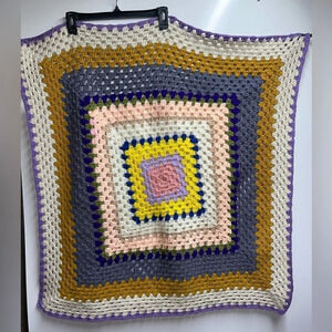 VINTAGE Granny Square Crochet Blanket Throw multicolored Handmade 36”x36”